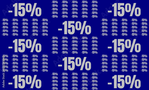 Blue background with repeating white -15% discount text pattern, ideal for sale promotions and special offers