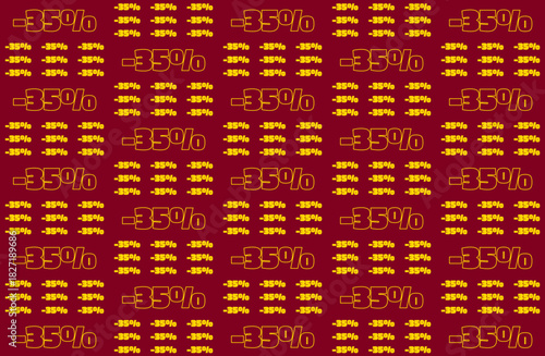 Repeating pattern of minus thirty-five percent discount text on a vibrant red background, ideal for sales and promotions