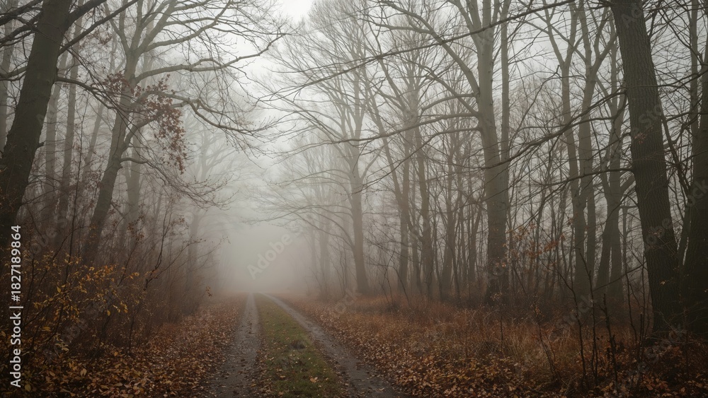 Fototapeta premium A foggy forest pathway with trees on both sides and fallen leaves covering the ground.