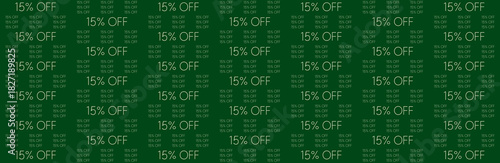 Seamless pattern with repeating 15% OFF text on a dark green background, ideal for sales and promotions