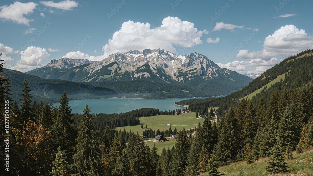 Obraz premium Scenic landscape of mountains, lake, and forest with clouds in the sky.