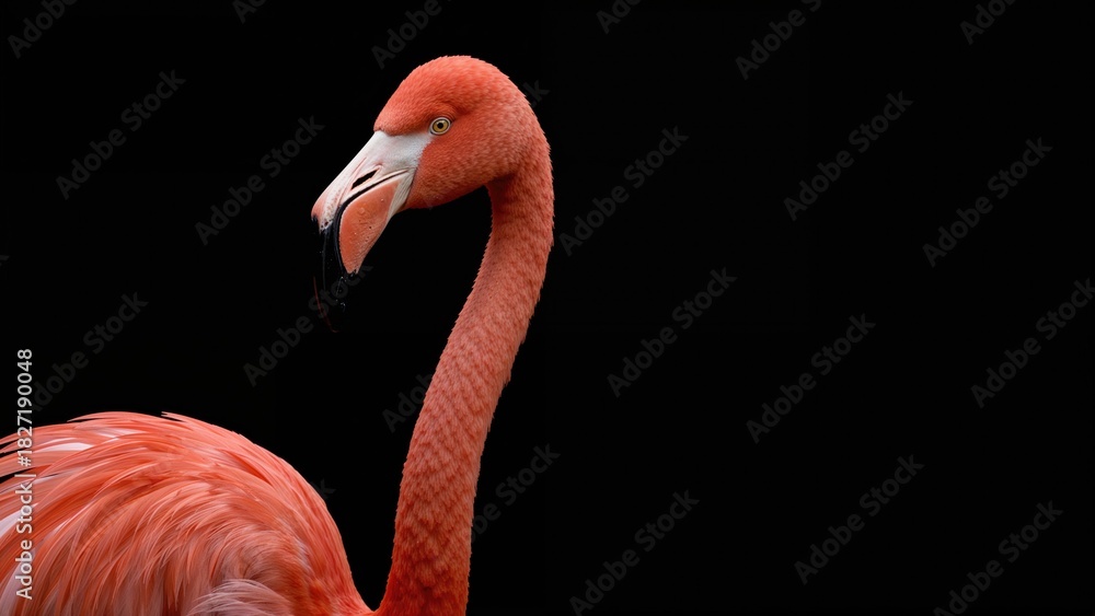 Naklejka premium Bright pink flamingo against a black background.