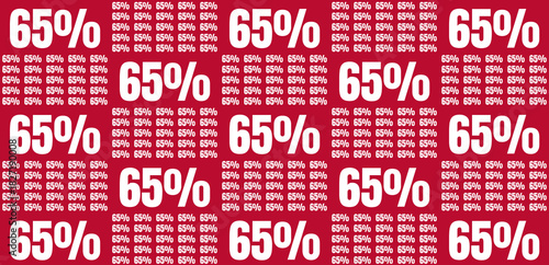 Repeating 65% discount or sale percentage pattern on a vibrant red background, ideal for promotional offers and special deals