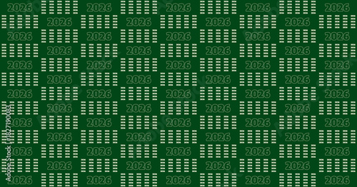 Seamless Green Pattern Featuring the Year 2026 and Abstract Digital Bar Elements on a Dark Background