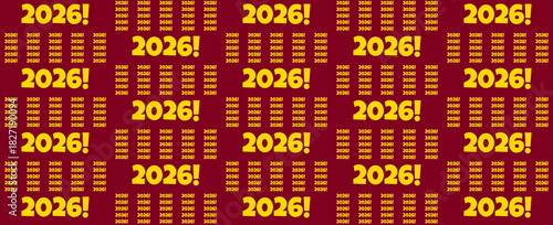 Repeating pattern of the year 2026 in large yellow font interspersed with smaller 2030 text on a vibrant red background, symbolizing future dates and deadlines.