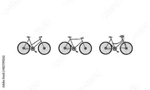 Three Hand-Drawn Sketches of Bicycles in Black and White