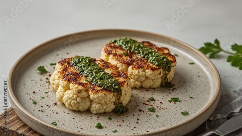 Grilled cauliflower steaks garnished with herbs served on a ceramic plate. Healthy vegetarian dish presentation.