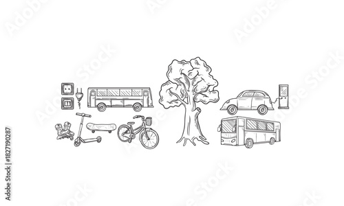 Hand-drawn Sketch of Transportation, Nature, and Electrical Elements