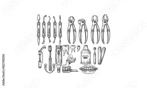Hand-Drawn Illustration of Dental Tools, Supplies, and Mouth