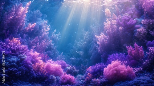 Fototapeta Naklejka Na Ścianę i Meble -  Underwater coral reef, sunbeams, ocean floor, vibrant colors, marine life background, nature scene