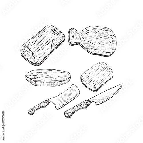 Vector illustration of wooden cutting and serving boards for meat, vegetables and pizza. Chefs knife. Vintage hand drawn engraving style.