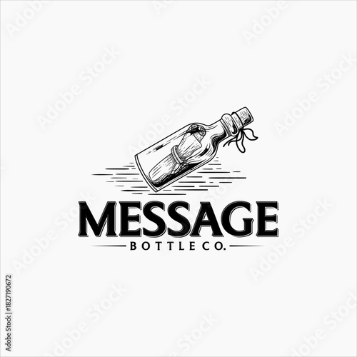 Message bottle logo with a combination of a bottle and paper that floats on the water. Hand Drawn Logo