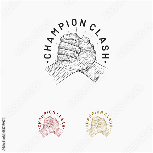 Hand Drawn Champion Clash logo template, Sketch Strong Arm Wrestling Fighting Doodle Hand Drawing Illustration