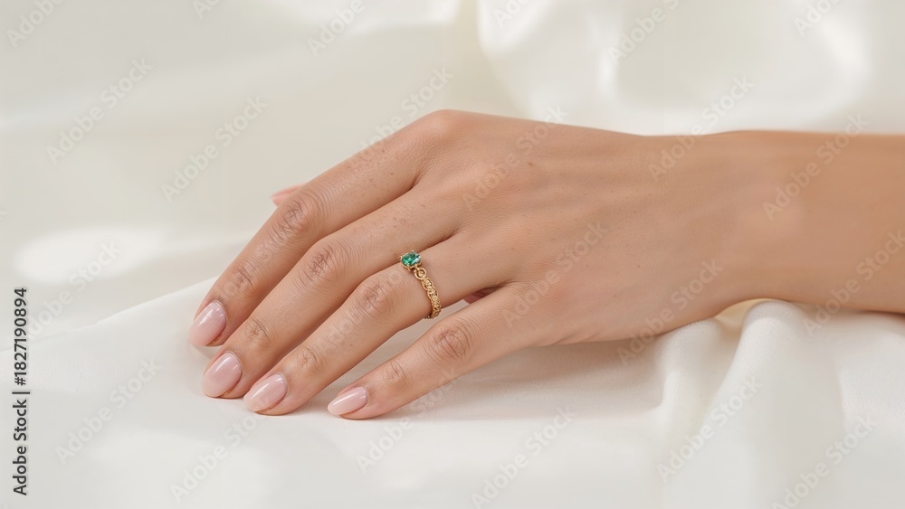 custom made wallpaper toronto digitalA woman's hand with a ring on her finger resting on a white surface. Jewelry and accessories, beauty and elegance. Fine jewelry and fashion. The concept of luxury and style