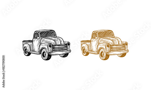 vintage truck sketch ink for poster, business card, cover book, collection art, art print. vector