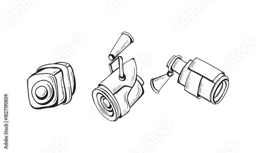 Hand drawn doodle security cameras set. Vector illustration. Isolated elements on white background. Symbol collection.
