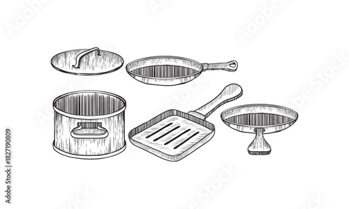 Vector illustration of frying pan set. Device for frying food different types Braizer, french skillet, grill pan, saute pan. Vintage hand drawn style.