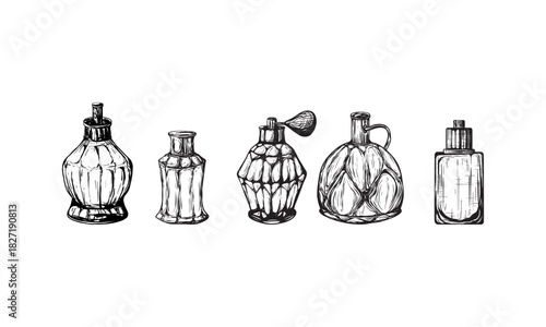 Fragrance bottles vector illustration. Hand drawn sketch style image. Use for cosmetic sale.