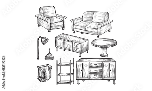 Living room modern furniture icons set. Vector hand drawn sketch illustration. Interior design elements isolated on white background. Cozy contemporary loft home furniture collection