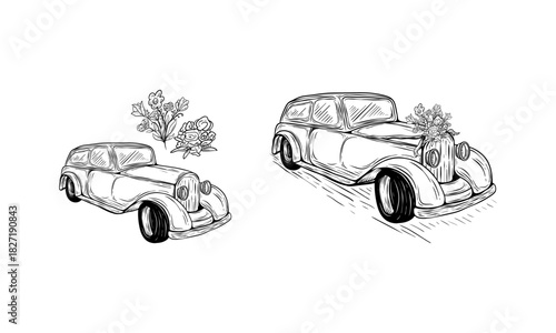 A line drawn illustration of a wedding car. A classic vehicle hand drawn in black and white.