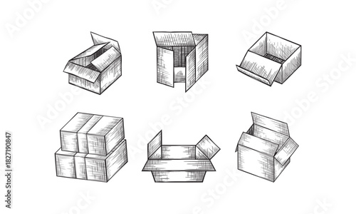 Cardboard boxes set. Closed and open empty postal packages collection. Vector hand drawn sketch illustration. Pile of carton mailboxes, isolated on white background