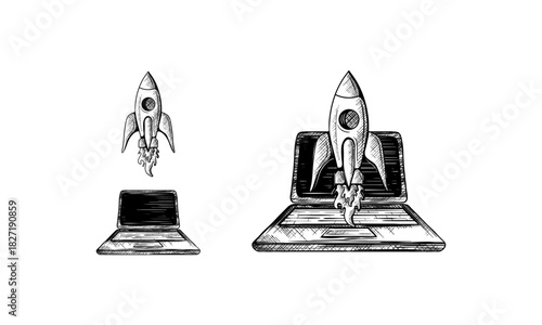 Rocket flies out of laptop screen. Vector hand drawn sketch illustration. Business projects startup and innovation technologies concept