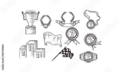 Set of winners handdrawn icons - goblet, medal, wreath, race flags, belt, sertificate. Vector