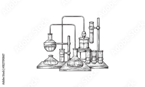 Chemical Laboratory still life sketch style vector illustration. Old hand drawn engraving imitation.