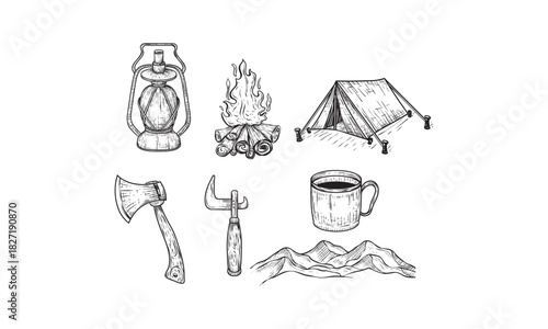 Vector illustration of hand drawn forest camping vacation objects set. Off road car, metal mug, mountains, flag, can top, tin opener, ax, tent, lantern, bonfire. Vintage engraving style.