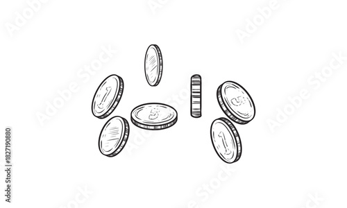 Set of coins with dollar symbol in different positions. Black and white sketch of shining metal money at different angles. Hand drawn vector illustration isolated on white background.