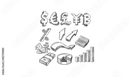 Doodle style coin with currency symbol set including euro, dollar, yen, pound, cent, ruble, won, yuan, shekel, and franc
