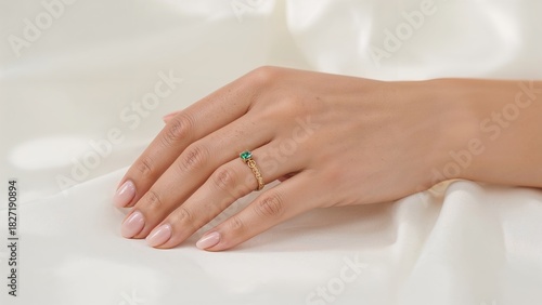 Wallpaper Mural A woman's hand with a ring on her finger resting on a white surface. Jewelry and accessories, beauty and elegance. Fine jewelry and fashion. The concept of luxury and style Torontodigital.ca