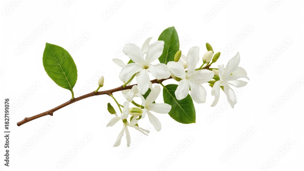 Obraz premium Branch with white flowers and green leaves shot on a white background.