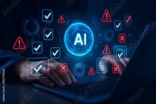 AI risk management and ethics safety concept with checklist and alert icons floating over laptop as professional ensures responsible artificial intelligence system through compliance and validation