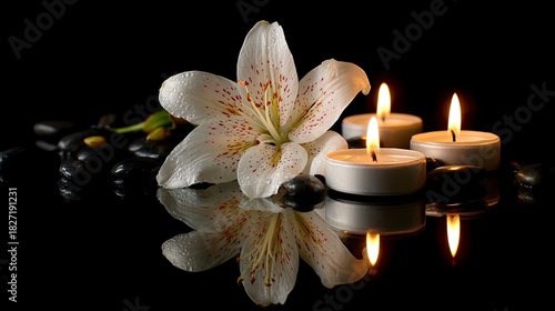 Elegant flower and candle arrangement on black for sophisticated events, romantic settings, and peaceful moments. A calming floral design element.