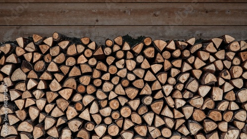 Stacked firewood logs with cut ends visible, arranged horizontally in front of a wooden wall.