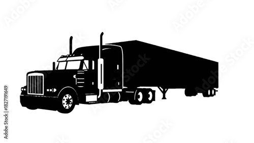 Vector illustration of black and white silhouette vector graphic of a classic american semi truck tractor trailer isolated on transparent background
