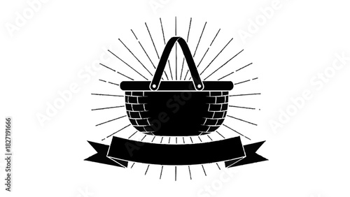 Vector illustration of black and white silhouette icon of a woven picnic basket with handle and banner isolated on transparent background