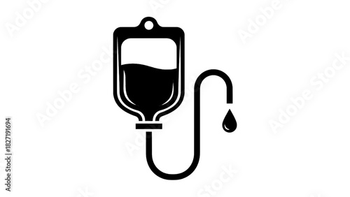 Vector illustration of black and white icon representing an intravenous fluid bag with a single drop falling from the tube, isolated on transparent background