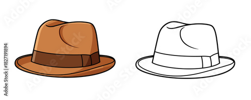 Colored and outline drawing of a classic brown fedora hat illustration with a dark brown ribbon on a white background