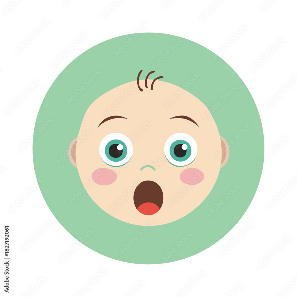 Fototapeta premium Cute baby face with surprised expression in a green circle