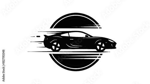 Vector illustration of black and white vector logo of a fast sports car speeding through a circular motion graphic isolated on transparent background