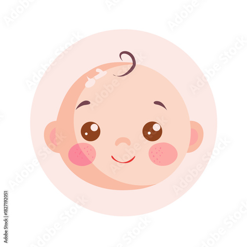 Cartoon baby face with cute shy expression in a pink circle