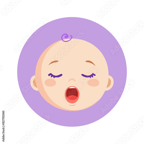 Cute baby with sleepy face yawning in a purple circle