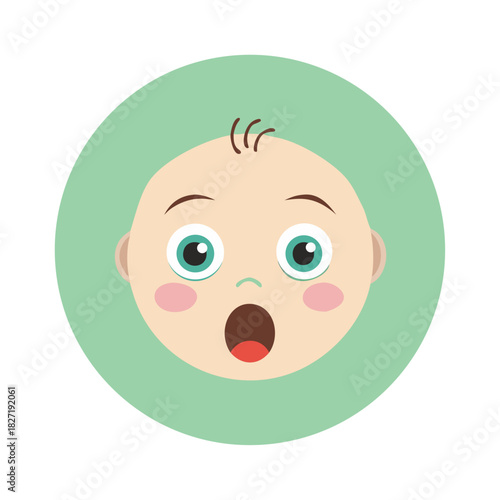 Cute baby face with surprised expression in a green circle