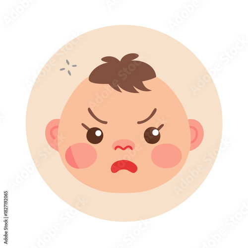 A cute baby face with an angry expression displayed