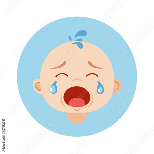 A sad baby crying with tears in a circular illustration