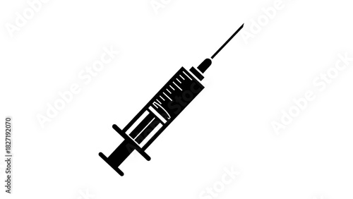 Vector illustration of black and white silhouette icon of a medical syringe with needle isolated on transparent background