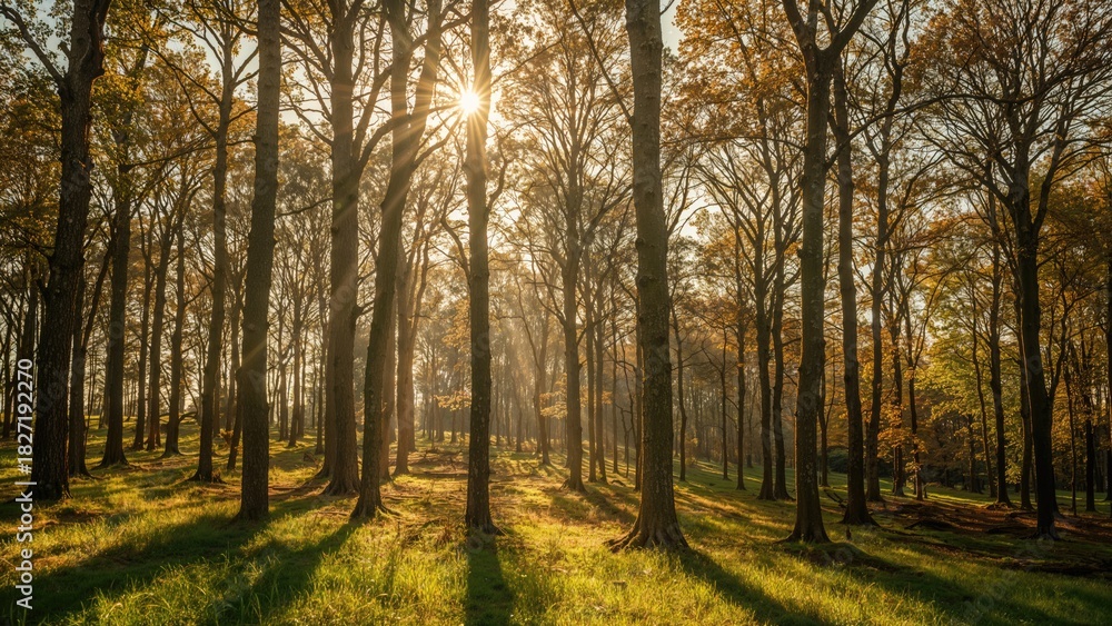 Naklejka premium Autumn forest scene with sunlight filtering through trees, casting long shadows on the grassy ground. Nature, trees, and sunlight.