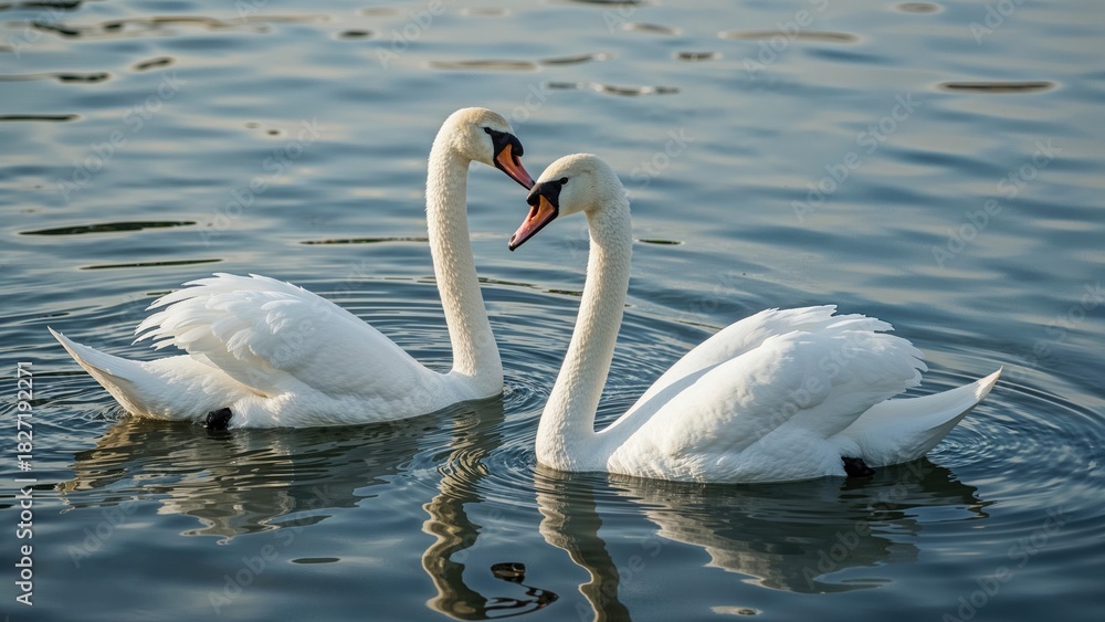 Naklejka premium Two swans on water facing each other with their necks forming a heart shape. Nature and wildlife scene. Peaceful and romantic moment.